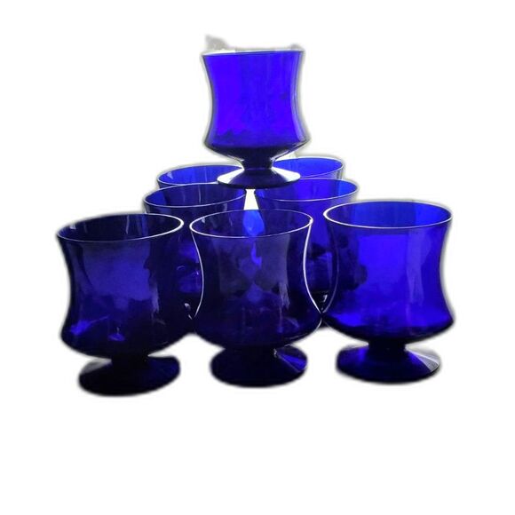 Seneca Glass co. "Fashionables" Cobalt Blue Optic Elegant Footed Water Glasses 8 - Picture 2 of 6